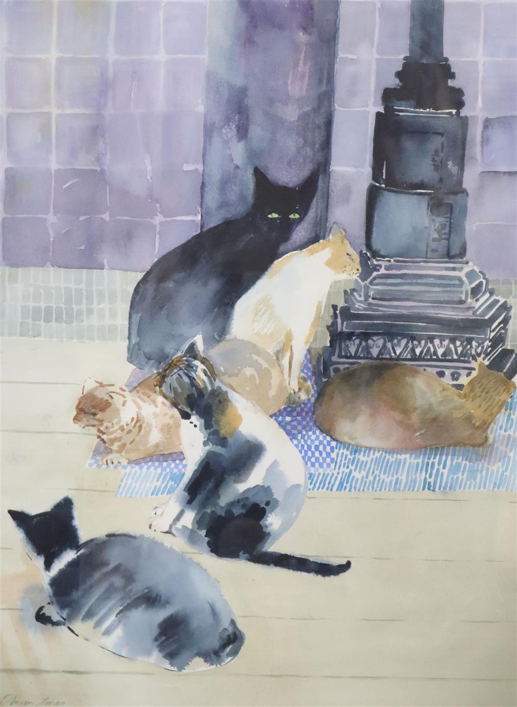 Olwen Jones, (1945-), watercolour, Six Cats, signed, 55 x 41cm